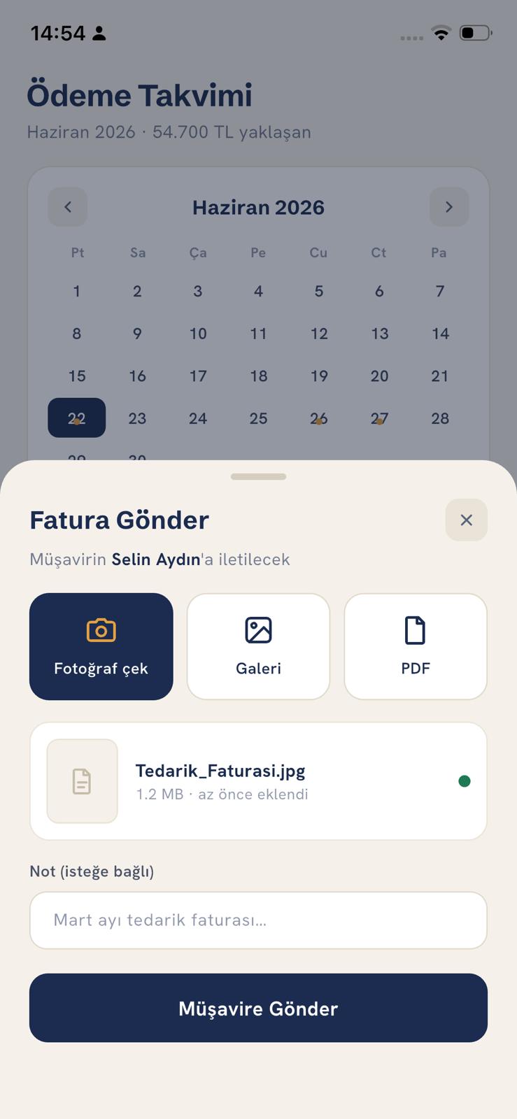 DijiMüşavir — Send invoice · Camera, gallery or PDF
