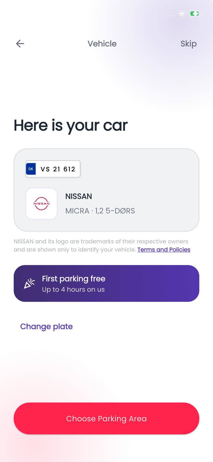 Plot Park — Vehicle matched · Choose parking area