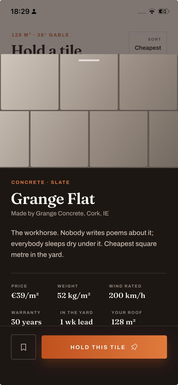 Kiln & Course — Tile detail · Price, weight, wind rating