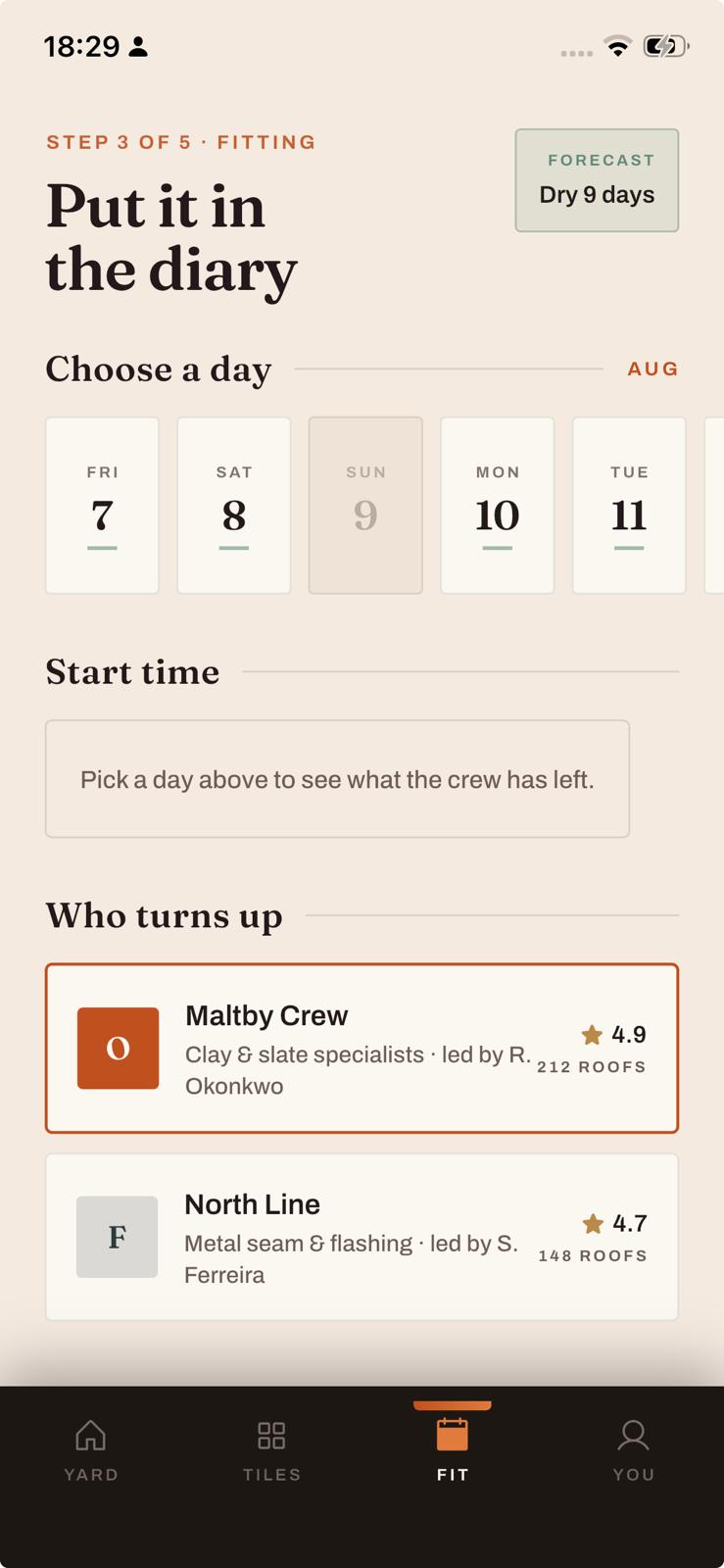 Kiln & Course — Fitting · Diary & crew selection