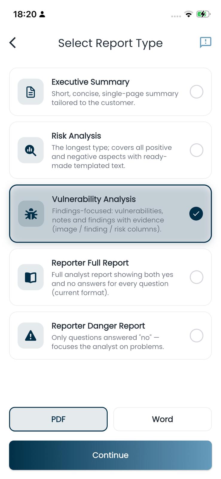 Security Report App — Report type · Five output formats